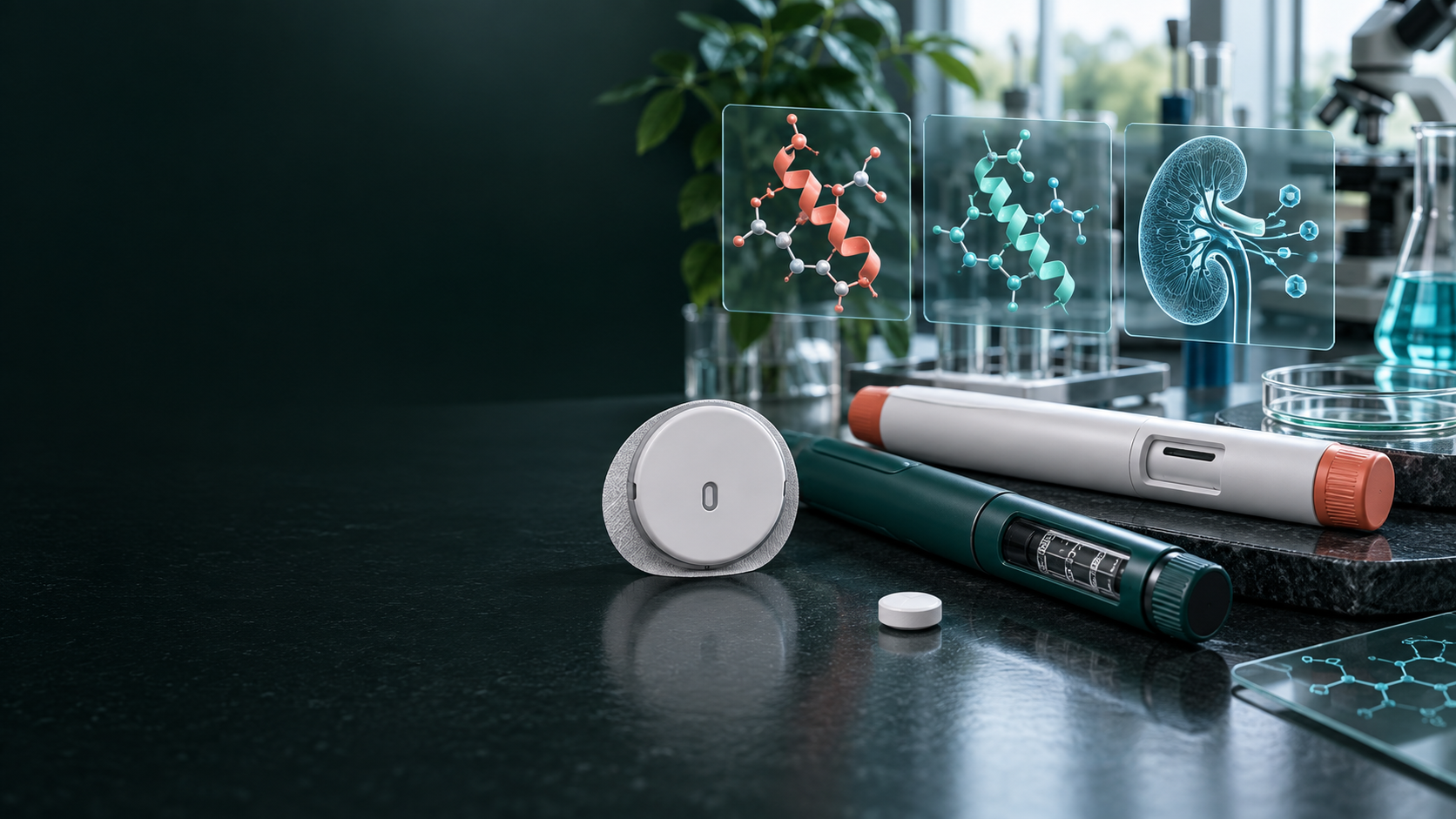 Modern diabetes medicines, glucose sensor and research laboratory